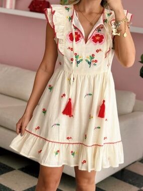 Avara Boutique Polly Embroidered Dress Size Large NWT Floral Vacay Lalavon $104